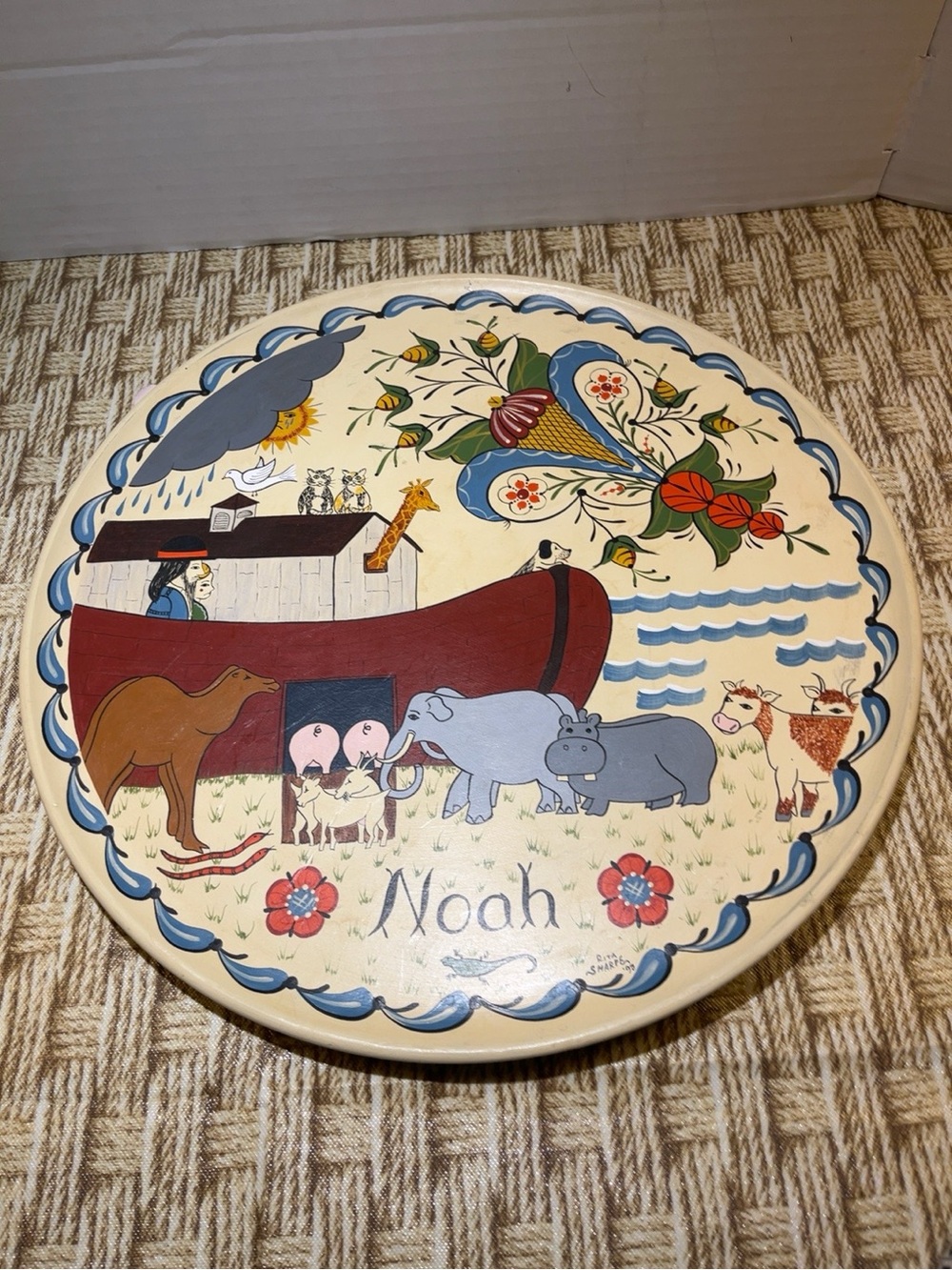 Rita Sharpe 1998 Noah’s Ark Swedish Folk Art Hand Painted Wood Plate 14”